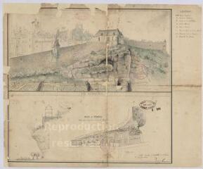 1 vue Vendôme : plan de la maison Jacquinet, jardin et cave Morard, ruines de l'ancien château, 19 juin 1833