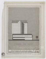 1 vue Blois : concours pour la construction d'un dépôt d'archives départementales : façade sud ouest. Projet du concours retenu (Janus) des architectes Chalumeau et Barthélémy, juin 1960.