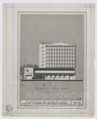 1 vue  - Blois : concours pour la construction d\'un dépôt d\'archives départementales : façade sud est. Projet du concours retenu (Janus) des architectes Chalumeau et Barthélémy, juin 1960. (ouvre la visionneuse)