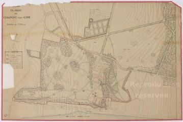 1 vue Chaumont-sur-Loire : plan du parc du château mentionnant la propriété de M. B. Guilpin, la limite du domaine acheté par l'Etat et la zone non edificandi sans autorisation de l'administration des Beaux-Arts