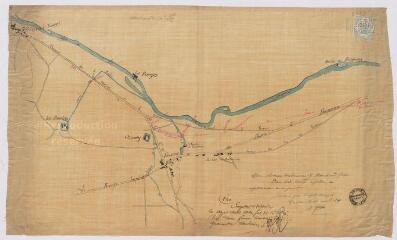 1 vue  - Fréteval : plan des environs du lieu-dit de Fontaine, relatif à l\'affaire Desburiauds contre Marchand frères. 10 avril 1864. (ouvre la visionneuse)