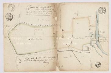 1 vue  - Mont-près-Chambord : plan et arpentage de deux pièces de pré situées au Climat des Bardelles faisant partie des dépendances du Moulin du bas Peré. 1816. (ouvre la visionneuse)