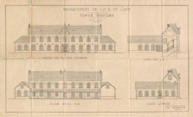 1 vue  - Blois : hospice Dessaignes (façade sur cour d\'honneur, façade sur la cour, coupe et façade latérale), par l\'architecte Beau, le 28 septembre 1907, échelle 0,001 pour 1 m. Provenance : 3 H Dépôt (ouvre la visionneuse)