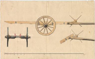 1 vue MENARS.- Château : face et profil d'un chariot inventé par Loriot pour transporter une barque ; sd ; échelle de 24 toises