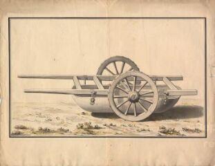 1 vue MENARS.- Jardin : vue en perspective du chariot inventé par Loriot pour transporter une barque, annotations du marquis de Marigny ; 1775