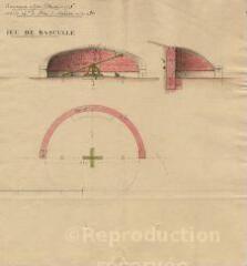 1 vue MENARS.- Jardin : dessin technique, élévation, coupe, plan de détail d'un jeu de bascule ; 1775 ; échelle graphique