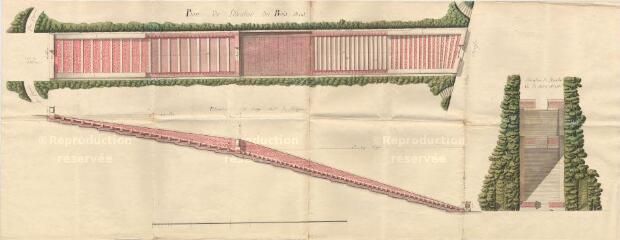 ouvrir dans la visionneuse : MENARS.- Jardin : plan de détail, élévation vue de la terrasse, coupe de l'escalier du Bois Bas ; 1774 ; échelle graphique
