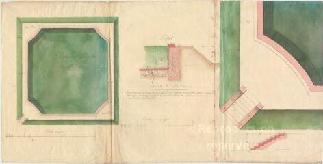 1 vue MENARS.- Jardin : plan d'ensemble du réservoir, coupe, plan de détail d'un angle du réservoir, coupe de l'escalier menant au réservoir ; 1774 ; échelle graphique