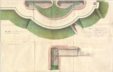 3 vues MENARS.- Jardin : plan de détail, élévation, coupe de la machine de Loriot et de son souterrain, extrait de l'article 5 du devis ; 1774 ; échelle graphique