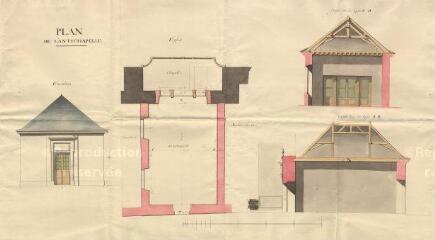1 vue MENARS.- Château : élévation, plan de détail, coupe de l'anti-chapelle ; 1775 ; échelle graphique