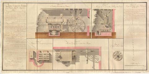 1 vue MENARS.- Château : coupe, élévation, plan de détail du pressoir à étiquet, devis ; 1776 ; échelle de 18 pieds