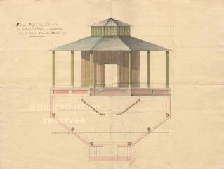 1 vue MENARS.- Jardin : élévation de la façade, plan de détail d'un cabinet chinois ; 1777 ; échelle graphique