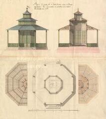 1 vue MENARS.- Jardin : plan de détail, élévation, coupe d'un pavillon en lanterne au Désert ; 1780 ; échelle de 6 toises
