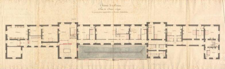 2 vues MENARS.- Château : plan de détail du premier étage du bâtiment principal ; 1765 ; échelle graphique
