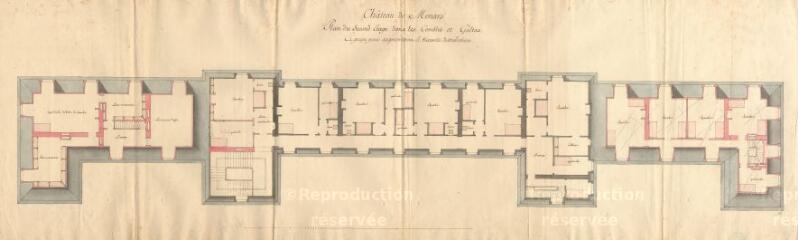 1 vue MENARS.- Château : plan de détail du second étage et des combles ; 1765 ; échelle graphique