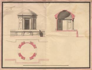 1 vue MENARS.- Jardin : élévation, coupe, plan de détail pour un projet de pavillon sur les bords de Loire ; 1773 ; échelle graphique