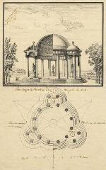 1 vue MENARS.- Jardin : élévation et coupe côté jardin d'un temple, plan de détail du même temple ; 1770 ; échelle de 6 toises
