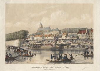 1 vue  - Blois : scènes diverses : Inauguration du Bateau à vapeur (inexplosible) le Papin, à Blois le 23 juin 1839 (ouvre la visionneuse)