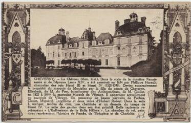 1 vue Le château (monument historique) dans le style de la dernière renaissance et de l'époque Louis XIV, a été construit en 1634 par Philippe Hurault, chancelier des rois Henri III et Henri IV (1528-1599). Devint successivement la propriété du marquis de Montglas par la fille du Comte de Cheverny, Elisabeth, de M. du Fort, introducteur des ambassadeurs, de M. Guillot en 1825 à madame la marquise Hurault de Vibraye. Il appartient actuellement au marquis de Vibraye.
