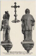 1 vue  - Statues de Saint-Sébastien et de Saint-Vincent (bois sculpté, XIVe siècle), Croix reliquaire de Saint-Laurent (cuivre et argent, XIVe siècle). (ouvre la visionneuse)