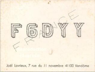 1 vue Carte QSL station radio-amateur F6DYY. Joël Lavrieux, Vendôme.