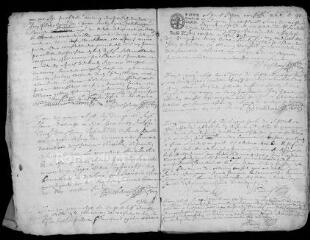 13 vues Registre paroissial. Baptêmes, mariages, sépultures (mai 1674-1675) ; baptêmes (janvier 1676)