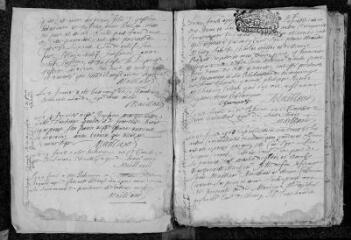 100 vues Registre paroissial. Baptêmes, mariages, sépultures (1682-janvier 1683). Contient aussi des actes de la période 1715-1724 (Pages 31 à 100).