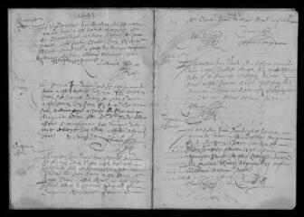 218 vues  - Registre paroissial. Baptêmes (1643-mars 1663) ; mariages (1647-1660) ; sépultures (décembre 1647-septembre 1660) (ouvre la visionneuse)