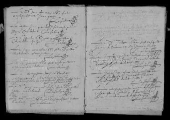 40 vues Registre paroissial. Baptêmes (1655-mai 1658) ; mariages (1653-octobre 1655 ; juillet 1657) ; sépultures (1643-novembre 1667)