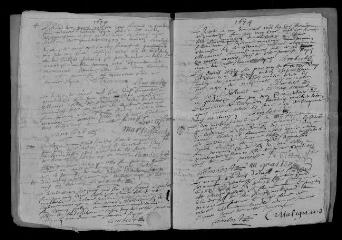 14 vues Registre paroissial. Baptêmes, sépultures (octobre 1673-décembre 1674) ; baptêmes, mariages, sépultures (1675-1676)