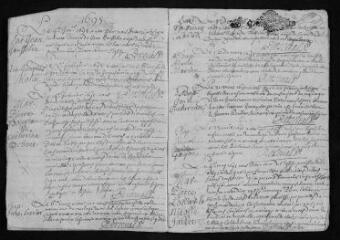 12 vues Registre paroissial. Baptêmes, mariages, sépultures (novembre 1694-décembre 1697) ; baptêmes, séputures (janvier-avril 1698)