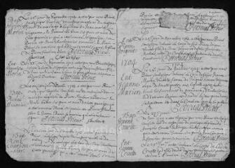 9 vues Registre paroissial. Baptêmes, mariages, sépultures (juin 1703-décembre 1704) ; baptêmes, séputures (janvier-février 1705)
