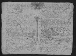 7 vues Registre paroissial. Baptêmes, mariages, sépultures (mars-octobre 1696) ; baptêmes, sépultures (février-avril 1697)