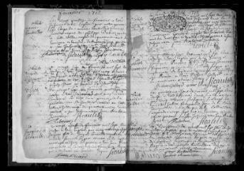 264 vues Registre paroissial. Baptêmes, mariages, sépultures (février-mars 1718)
