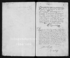 300 vues  - Registre paroissial des Baptêmes, mariages (février 1645 à 1675), sépultures (octobre 1644 à 1675) (ouvre la visionneuse)
