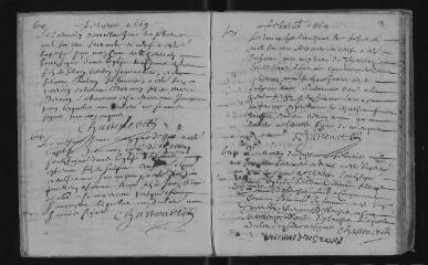 57 vues Registre paroissial. Baptêmes, mariages, sépultures (1669-janvier 1670)