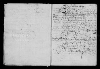 61 vues  - Registre paroissial des baptêmes, mariages, sépultures (1671- fév. 1673) (ouvre la visionneuse)