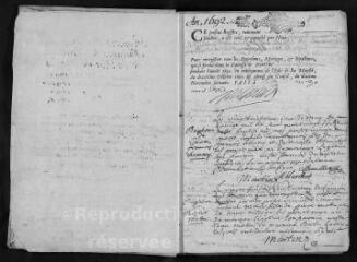 69 vues  - Registre paroissial des baptêmes, mariages, sépultures (mai 1692- 1695) (ouvre la visionneuse)