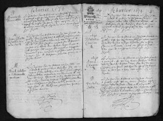 41 vues Registre paroissial. Baptêmes, mariages, sépultures (1674) - Baptêmes, sépultures (janvier 1675)