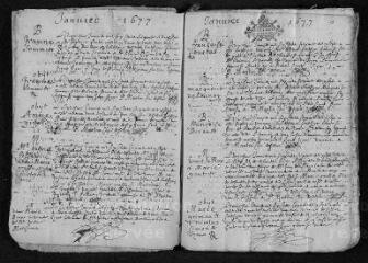 43 vues Registre paroissial. Baptêmes, mariages, sépultures (1677-janvier 1678)